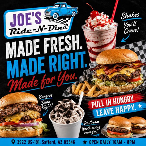 Joes Ride-N-Dine retro diner advertisement featuring burgers, fries, milkshakes, and ice cream with vintage 1950s styling and checkered pattern accents