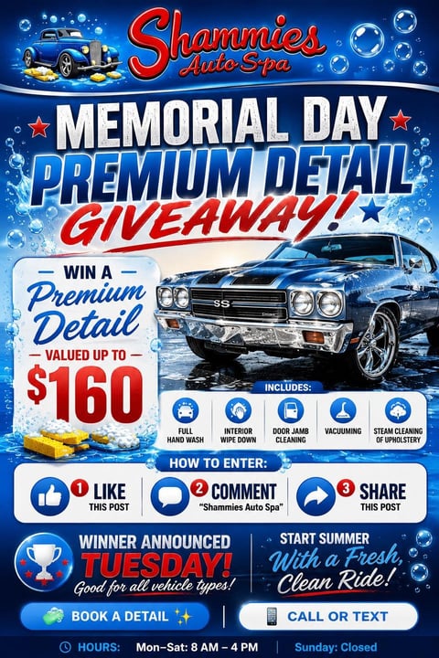 Shammies Auto-Spa Memorial Day Premium Detail Giveaway flyer featuring a classic blue car and $160 value prize offer