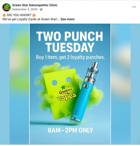 Two Punch Tuesday promotion showing loyalty card and vaping device with text Buy 1 item get 2 loyalty punches, 8AM-2PM only