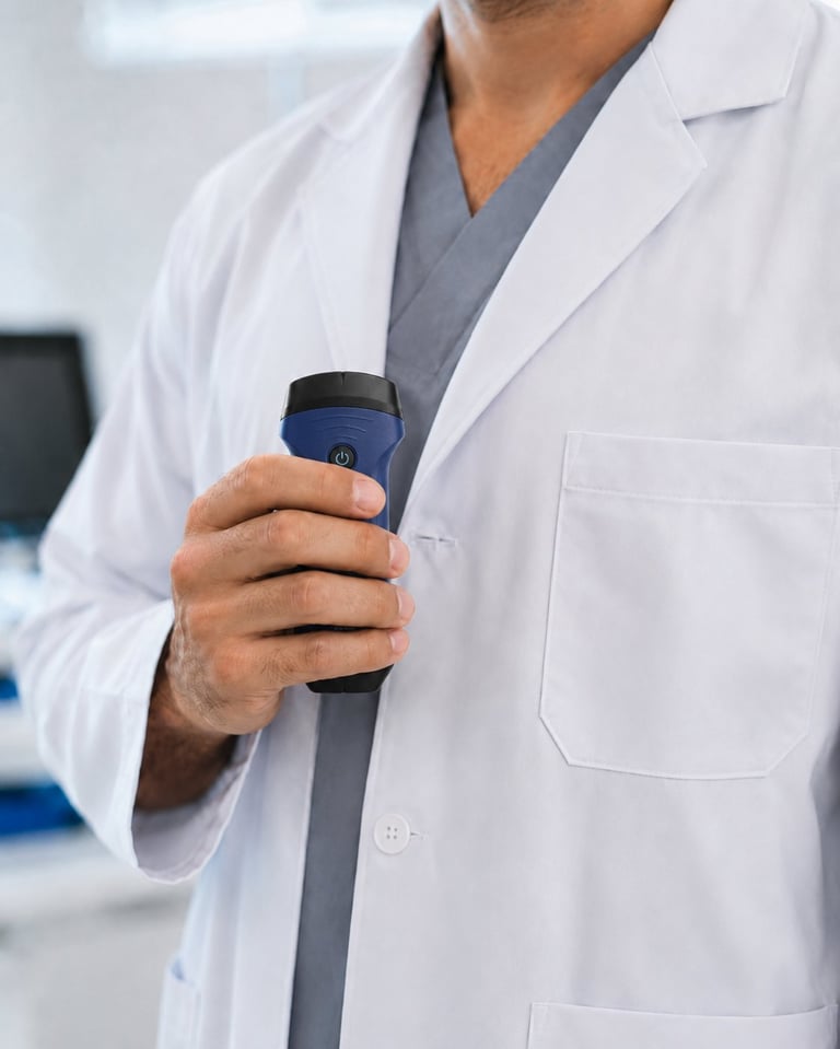 Doctor in white lab coat holding a microphone during a presentation or interview