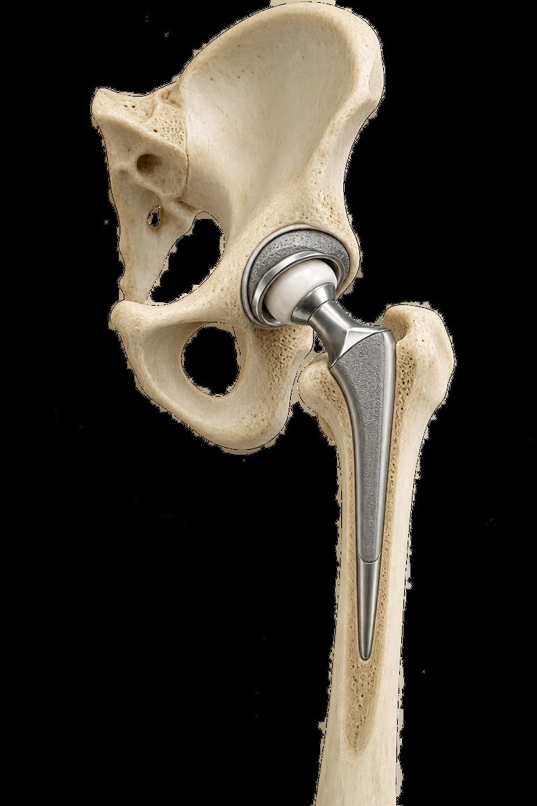 Prótesis total de cadera con componente femoral y cótilo acetabular fijados al hueso natural.