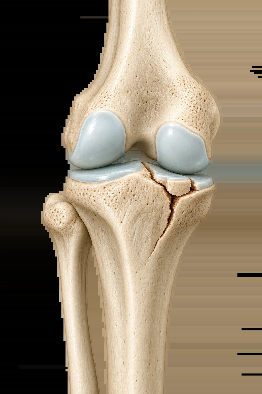 Anatomical illustration of knee joint showing femur, tibia, fibula, cartilage and synovial membrane in cross-section
