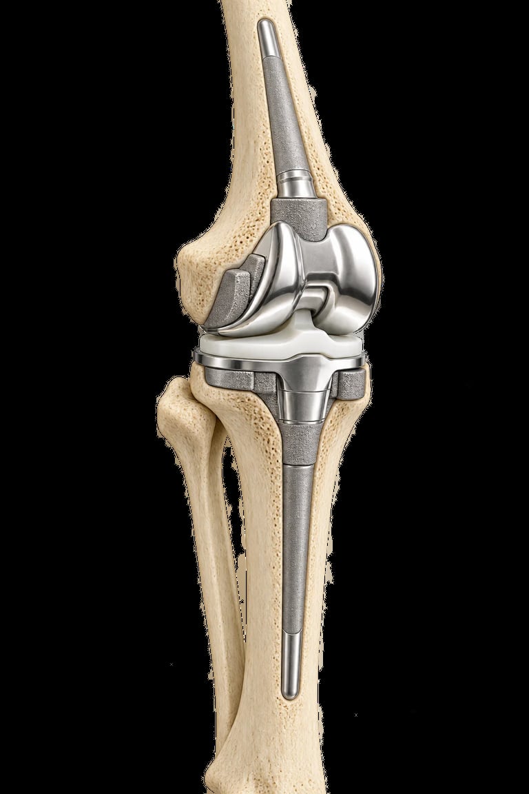 Prótesis total de rodilla metálica con componentes femoral, tibial y platillo de revisión sobre hueso.