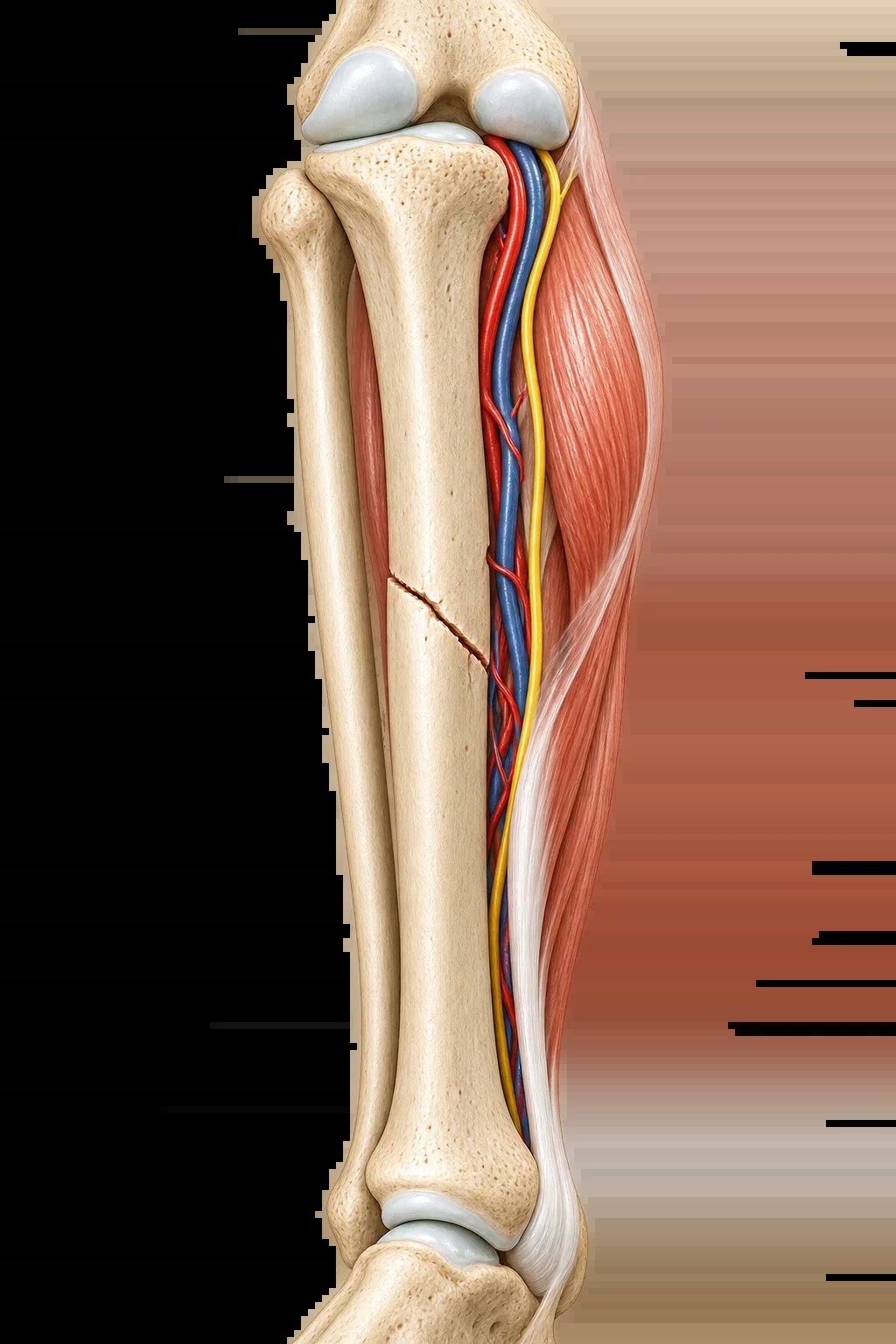 Anatomical illustration of lower leg bones, muscles, and blood vessels showing tibia, fibula, and surrounding musculature.