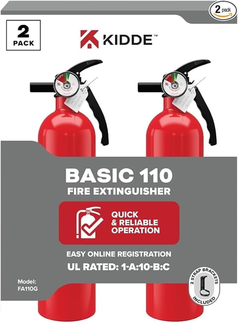 Kidde Basic 110 fire extinguisher 2-pack showing red canister with pressure gauge and handle on product packaging