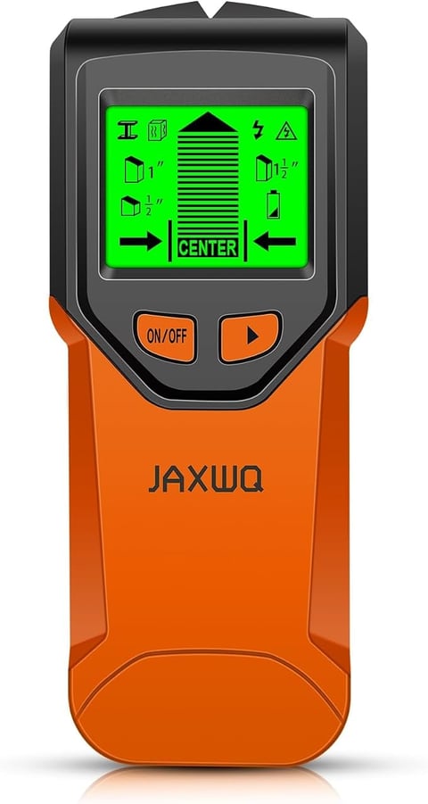 JAXWQ stud finder with orange body, gray top, and green LCD screen displaying detection icons and center indicator with ON/OFF and power buttons