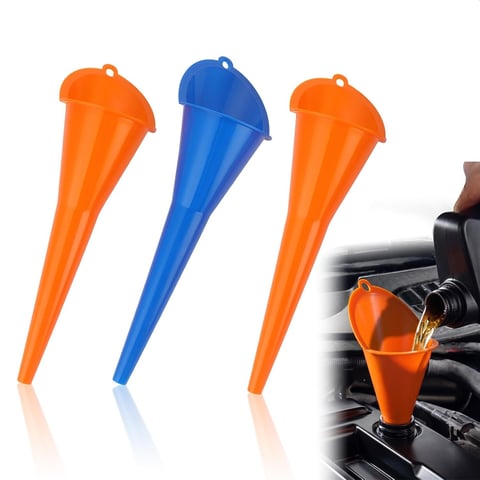 Three plastic automotive funnels in orange and blue, including a close-up of one funnel in use pouring liquid into an engine