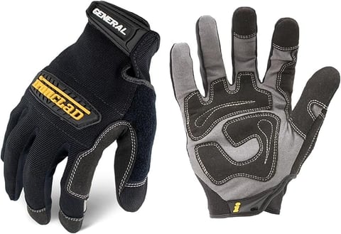 Pair of black work gloves with yellow branding shown from back and palm sides