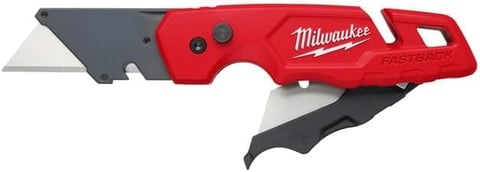 Red Milwaukee FASTBACK utility knife with retractable blade and gray accents on white background