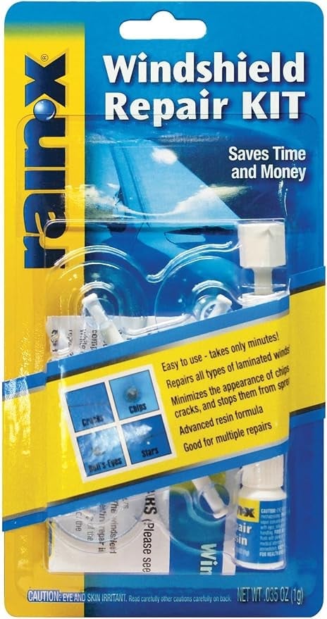 Rain-X Windshield Repair Kit package showing blue and yellow labeling with repair instructions and included supplies