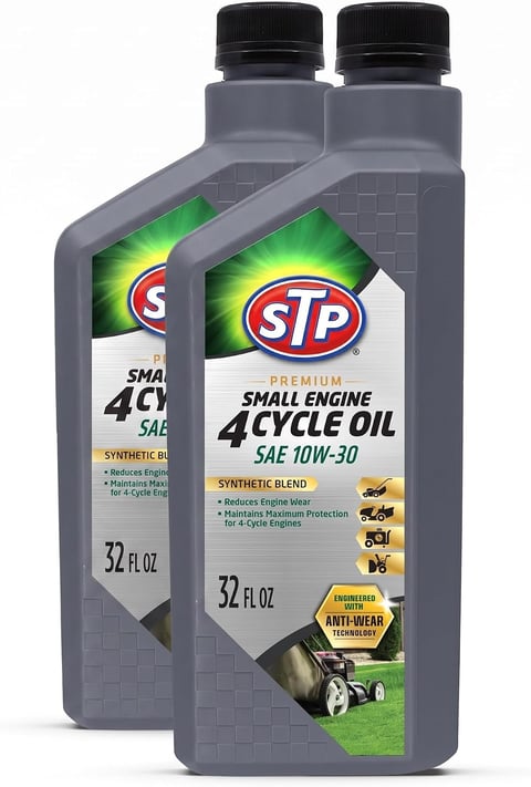 Two bottles of STP Premium Small Engine 4-Cycle Oil SAE 10W-30 synthetic blend, 32 fl oz each