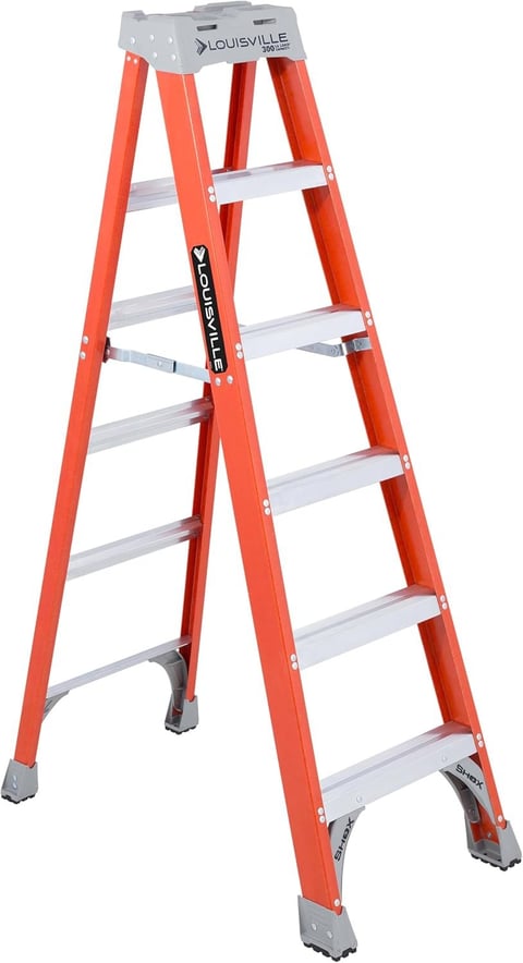 Louisville red fiberglass step ladder with gray top and aluminum steps against white background