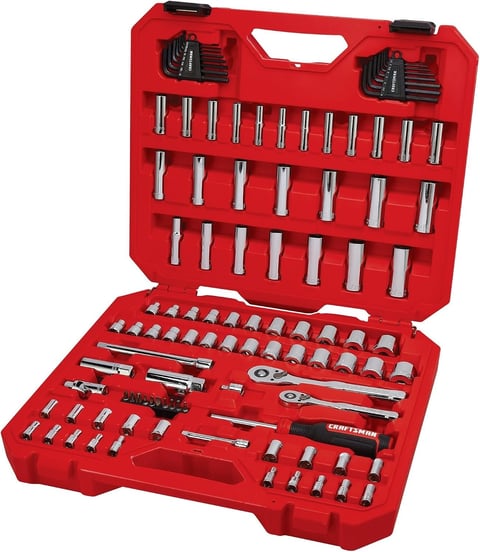 Red Craftsman mechanics tool set with case containing socket bits, wrenches, and various hand tools