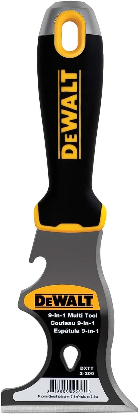 DeWalt 9-in-1 multi-tool with black handle, yellow accents, and gray blade head