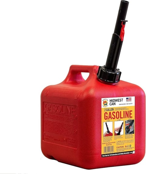 Red plastic 2-gallon gasoline can with black spout by Midwest Can, featuring safety labels and warning information on the front
