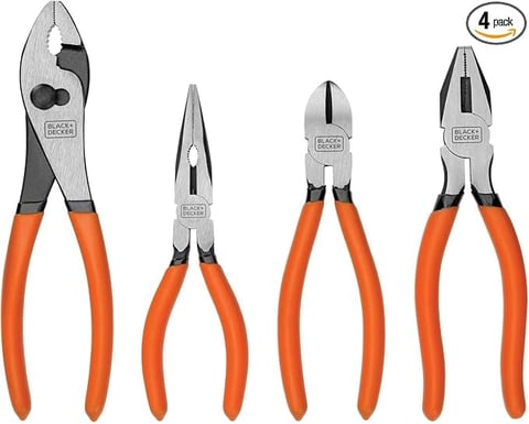 Four Black and Decker pliers with orange handles in different styles: slip-joint, needle-nose, diagonal-cutting, and long-nose pliers