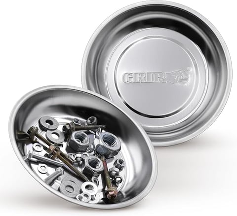 Stainless steel magnetic bowl containing assorted nuts, bolts, and screws with matching lid