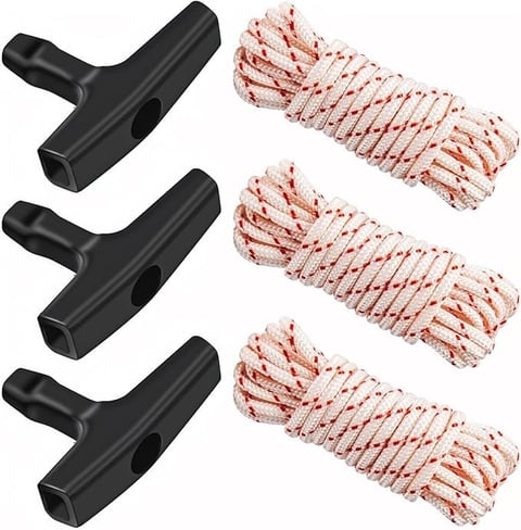 Set of three black T-bar tent stakes with red and white braided rope cords for outdoor camping gear