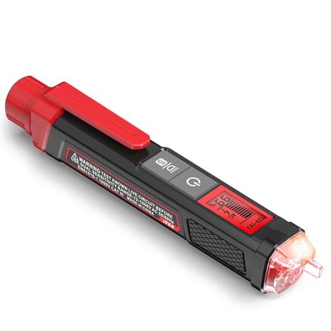 Red and black non-contact voltage tester pen with illuminated tip and cap displayed at an angle