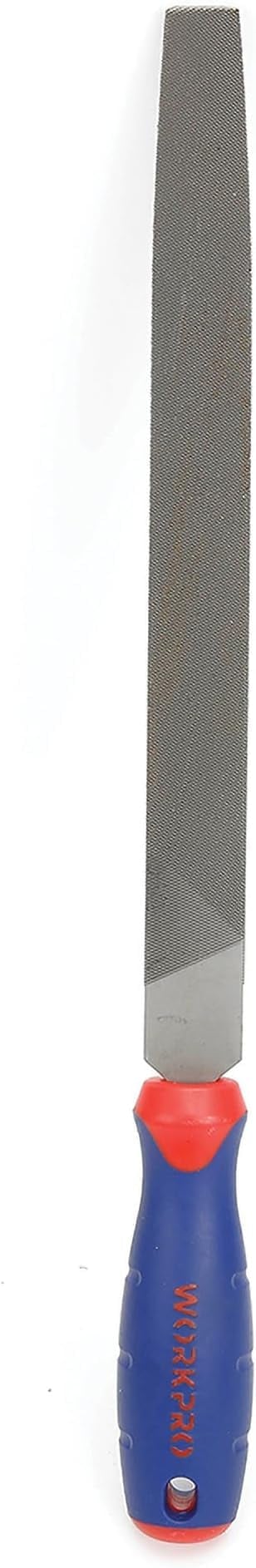 Metal file tool with blue and red handle showing text, against white background
