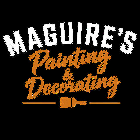 Maguires Painting and Decorating logo with white text and orange script lettering featuring a paintbrush icon