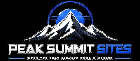Peak Summit Sites logo featuring a snow-capped mountain with blue circular backdrop and tagline about websites that elevate your business