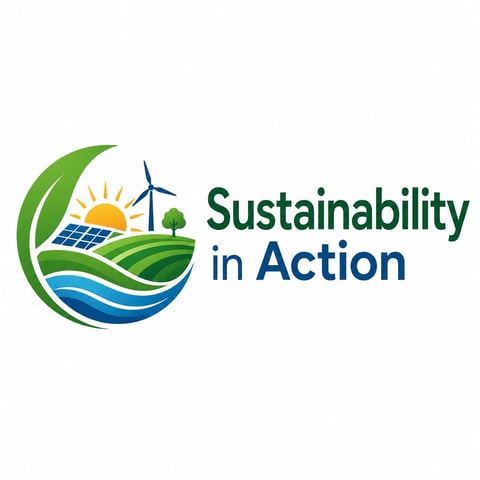 Sustainability in Action logo featuring green leaf, solar panels, wind turbine, tree, and blue water waves