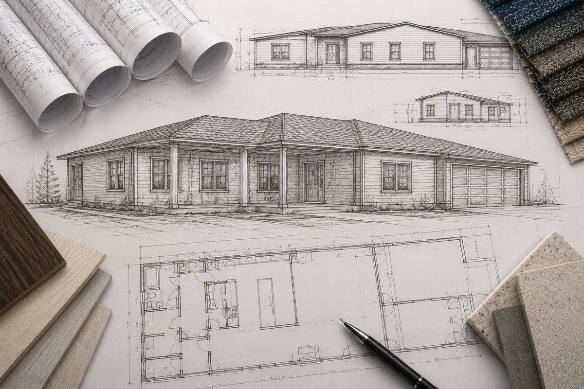 Architectural blueprints and sketches of a house with floor plan, rolled drawings, material samples, and pen on white paper