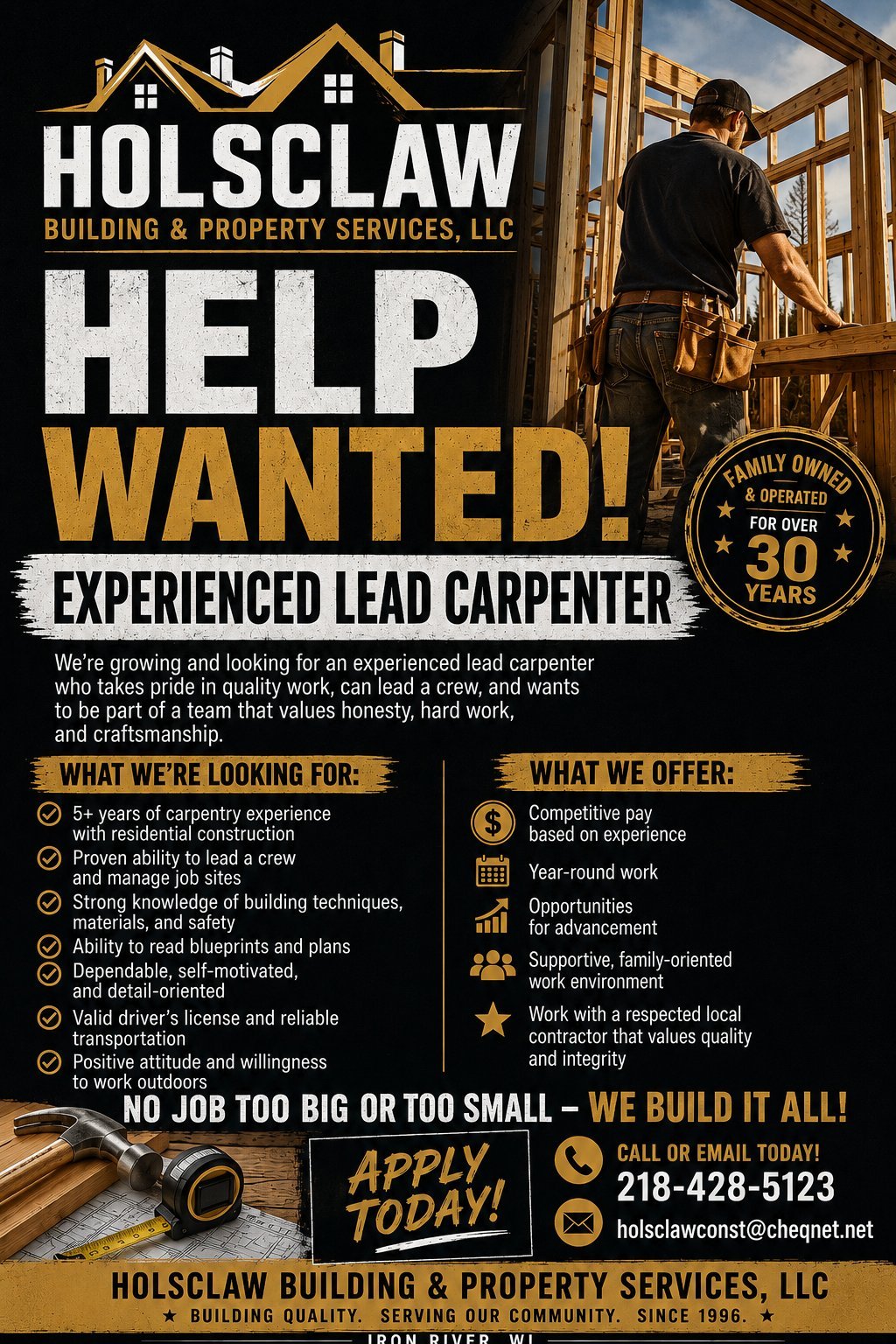 Help Wanted poster from Holsclaw Building & Property Services, LLC hiring an Experienced Lead Carpenter — Apply Today: 218-428-5123, holsclawconst@cheqnet.net