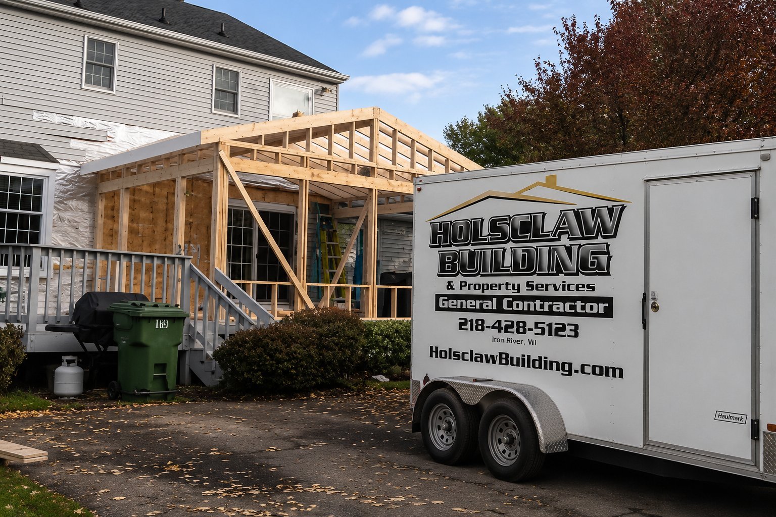 Holsclaw Building & Property Services wood-framed addition project under construction on a residential home, with their white Holsclaw Building work trailer parked in the driveway