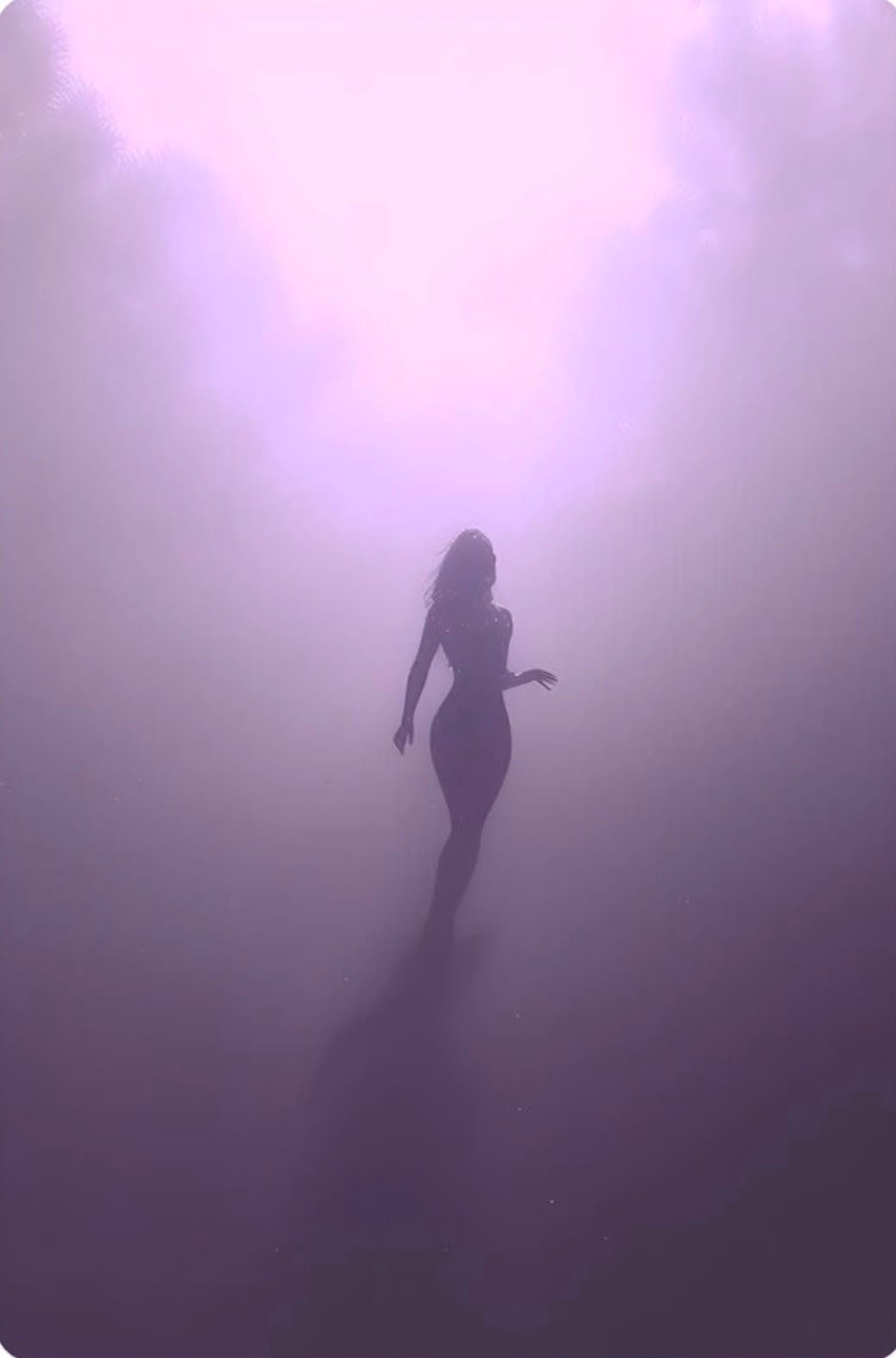 Silhouette of a woman standing in misty purple and pink atmospheric light, creating a dreamy, ethereal mood.