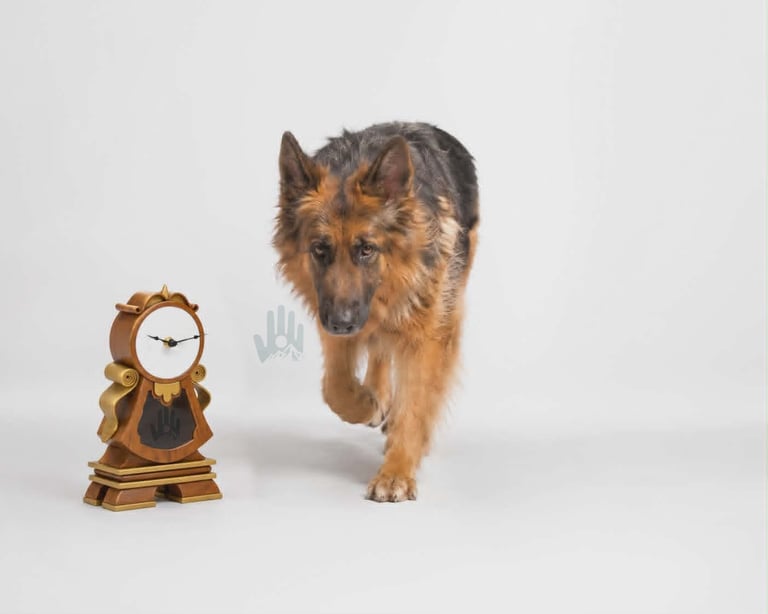 German Shepherd dog standing next to an ornate brass clock on white background
