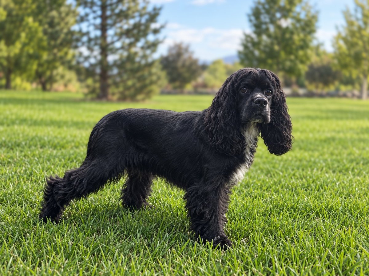 Black cocker spaniel standing on green grass field with trees and mountains in background