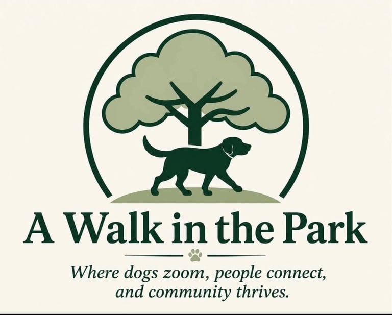 A Walk in the Park logo featuring a dog silhouette under a tree in a circular badge with the tagline 'Where dogs zoom, people connect, and community thrives.'
