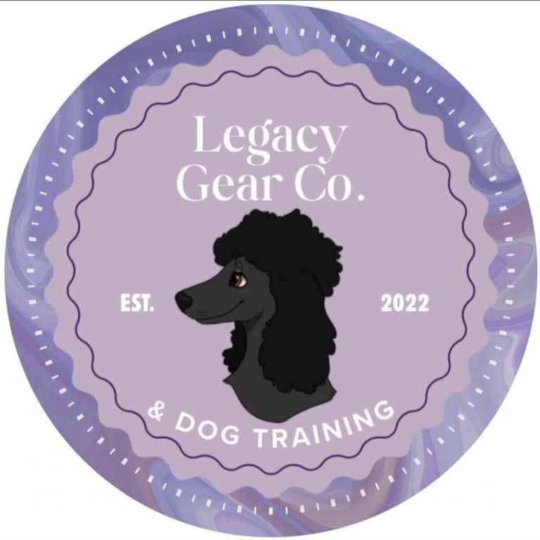 Legacy Gear Co. dog training logo with black poodle silhouette, established 2022, circular purple badge design