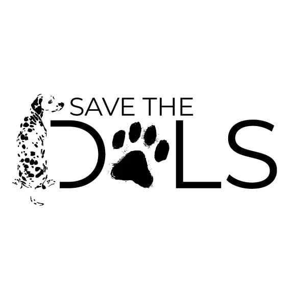 Save the Dogs logo with a Dalmatian illustration and black paw print replacing the O in Dogs