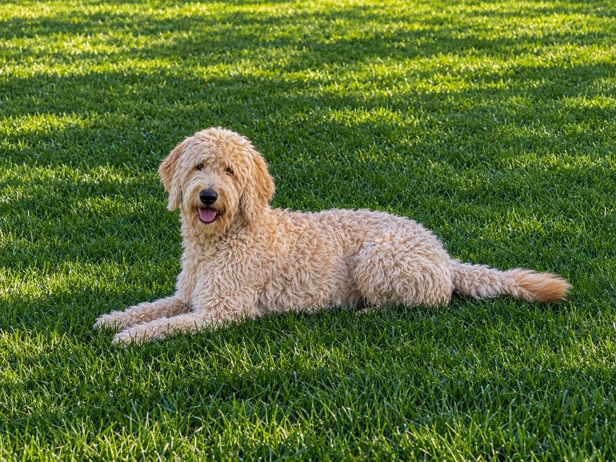 Tan and cream-colored doodle dog lying on green grass, looking at camera with relaxed posture