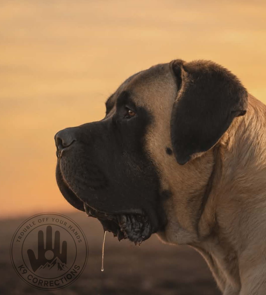 Large tan and black dog with dripping mouth against warm sunset sky background