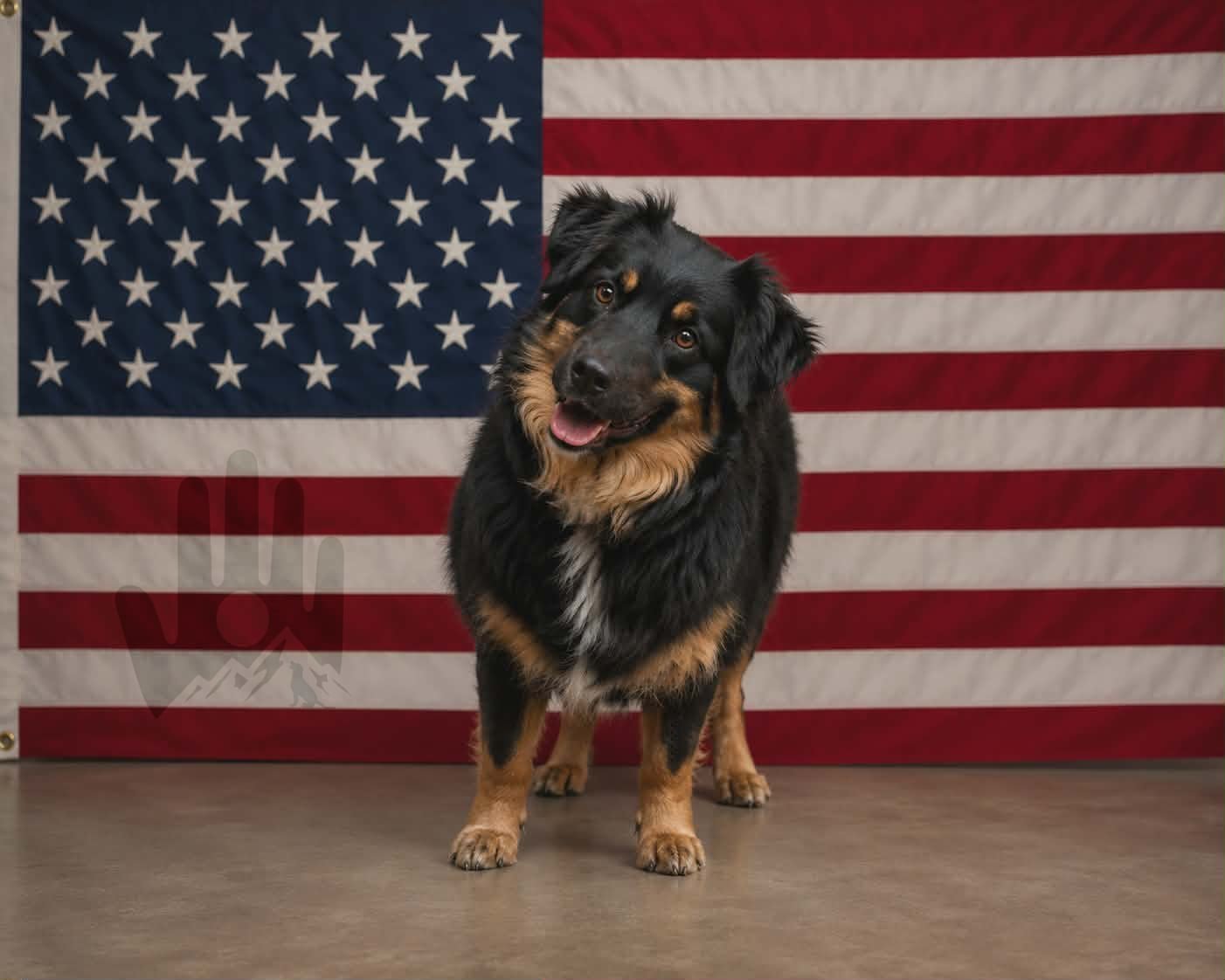 Dog in front of American flag backdrop