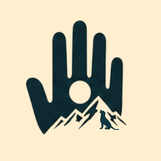 Trouble Off Your Hands K9 Corrections logo, dark hand silhouette with mountain landscape and dog on cream background