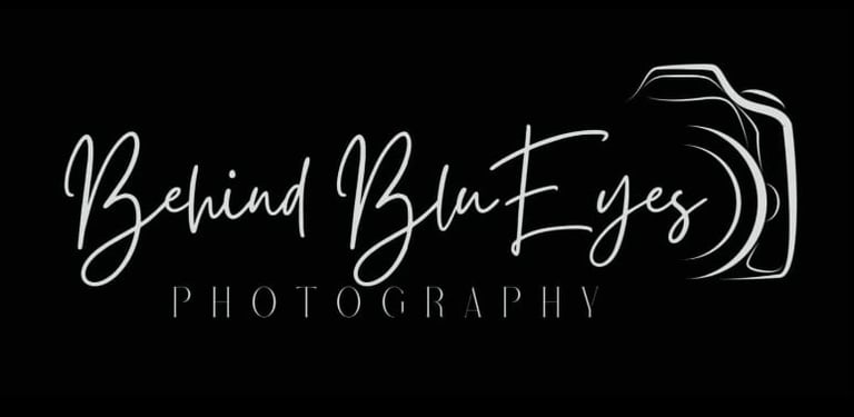 Behind BluEyes Photography logo with camera icon on black background