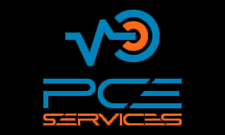 PCE Services logo featuring a blue checkmark and circular arrow icon with orange accents on black background