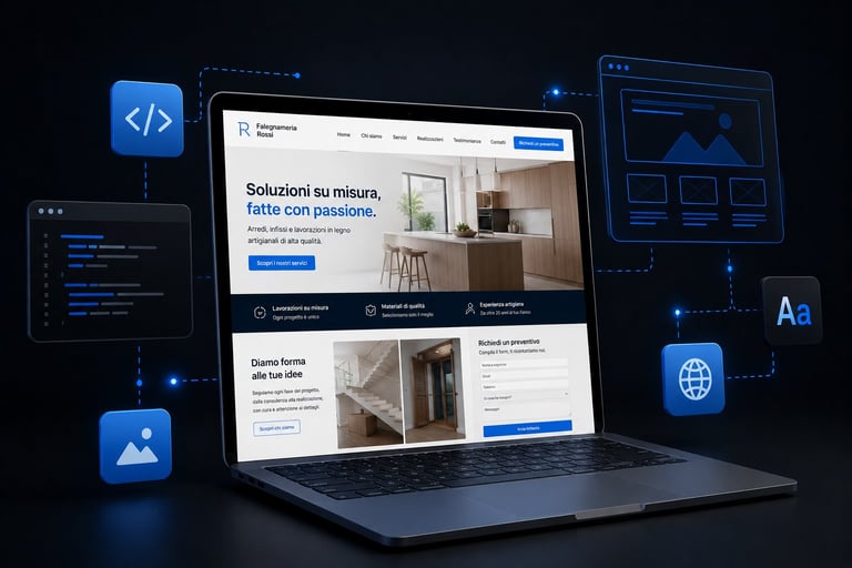 Laptop displaying a website with interior design solutions surrounded by floating digital design icons and interface mockups on a dark background