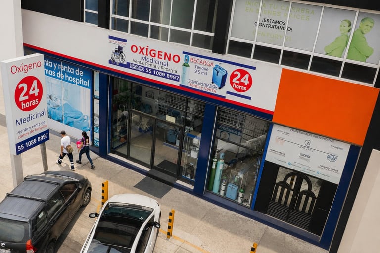 24-hour Oxigeno medical pharmacy storefront with blue and red signage, glass doors and windows, and parked cars on the street