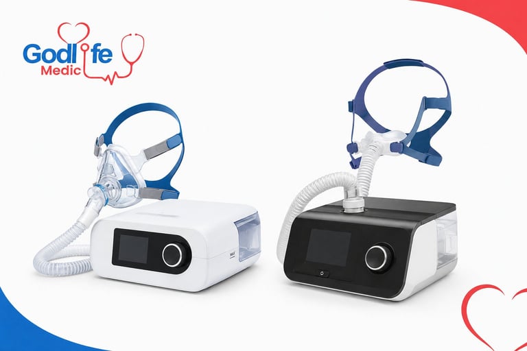 Two CPAP machines with face masks and headgear displayed side by side, shown by Godlife Medical for sleep apnea treatment.