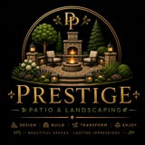 Prestige Patio and Landscaping logo featuring a backyard patio scene with fireplace, seating, landscaping, and gold lettering on black background