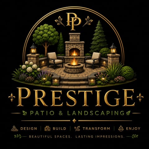 Prestige Patio and Landscaping logo featuring a backyard patio scene with fireplace, seating, landscaping, and gold lettering on black background