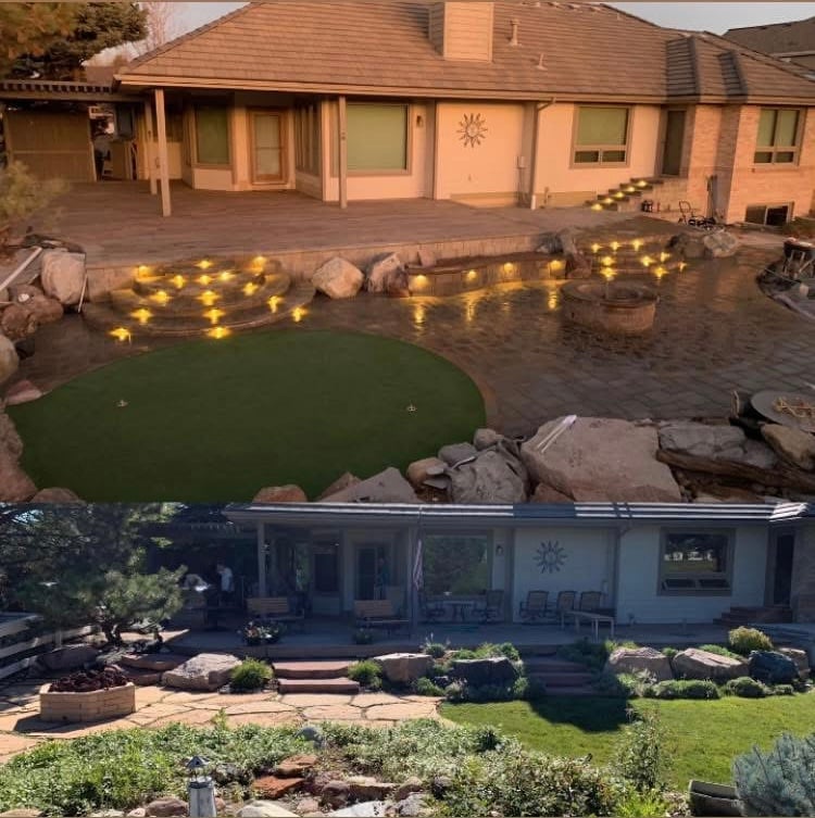 Backyard at dusk with glowing landscape lighting and patio