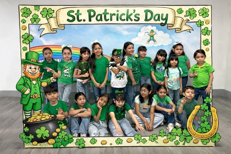 Group of children wearing green St. Patricks Day themed clothing posing together in front of a decorative photo booth frame with shamrocks and leprechaun illustrations.