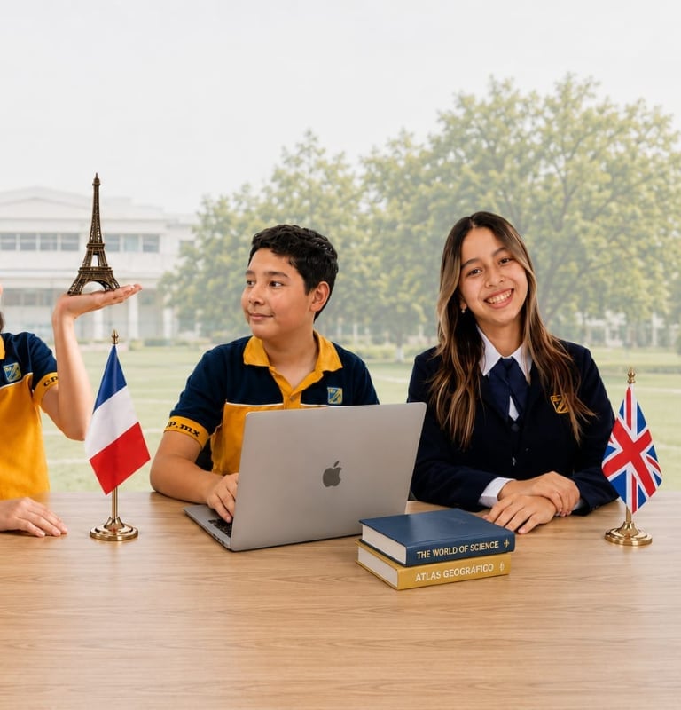 Two students at a desk with a laptop, holding French and British flags, with books and an Eiffel Tower model, representing international education